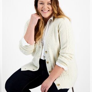 Plus size Women’s Shimmer Sequin Cable-Knit Cardigan.